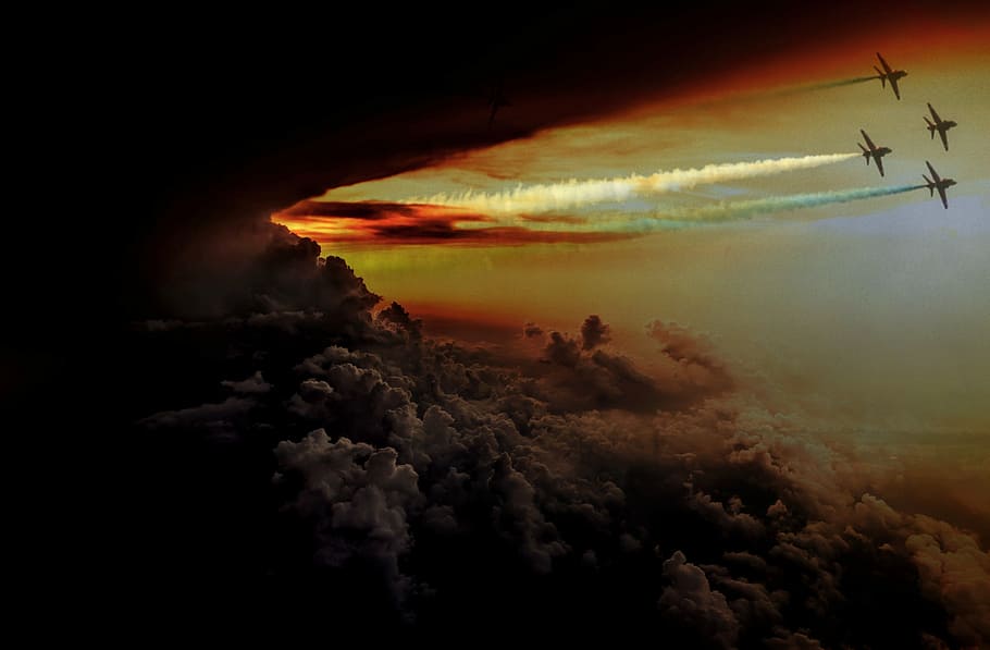 air show, aircraft, jet, flying formation, clouds, sky, dramatic HD wallpaper