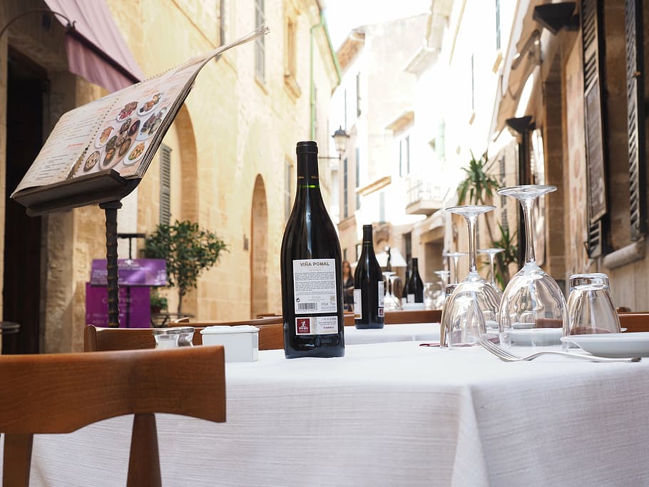 black and white wine bottle on white table cloth, menu, restaurant HD wallpaper