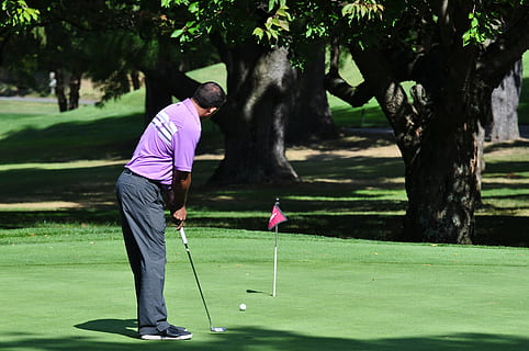 man playing golf, putt, golfing, golfer, putting green, golf course HD wallpaper