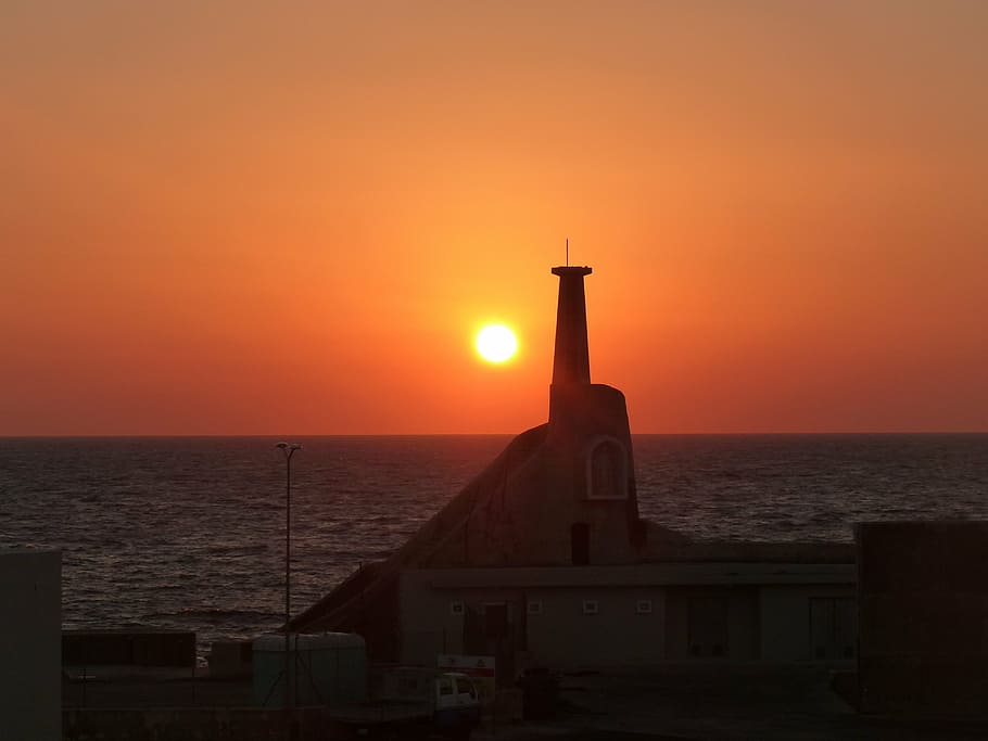 malta, ferry terminal, sunset, sky, sea, water, orange color, HD wallpaper