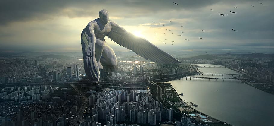 man with wings illustration, fantasy, city, angel, giant, mystical