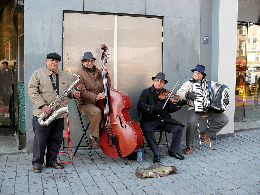 street orchestra, musicians, busker, musical instrument, group of people, HD wallpaper