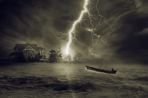 grayscale illustration of boat in ocean and lightning strike HD wallpaper