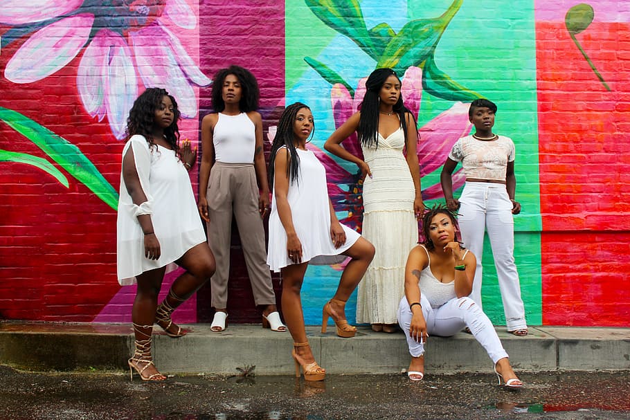 six women wearing white pants posing, six woman near wall posting HD wallpaper