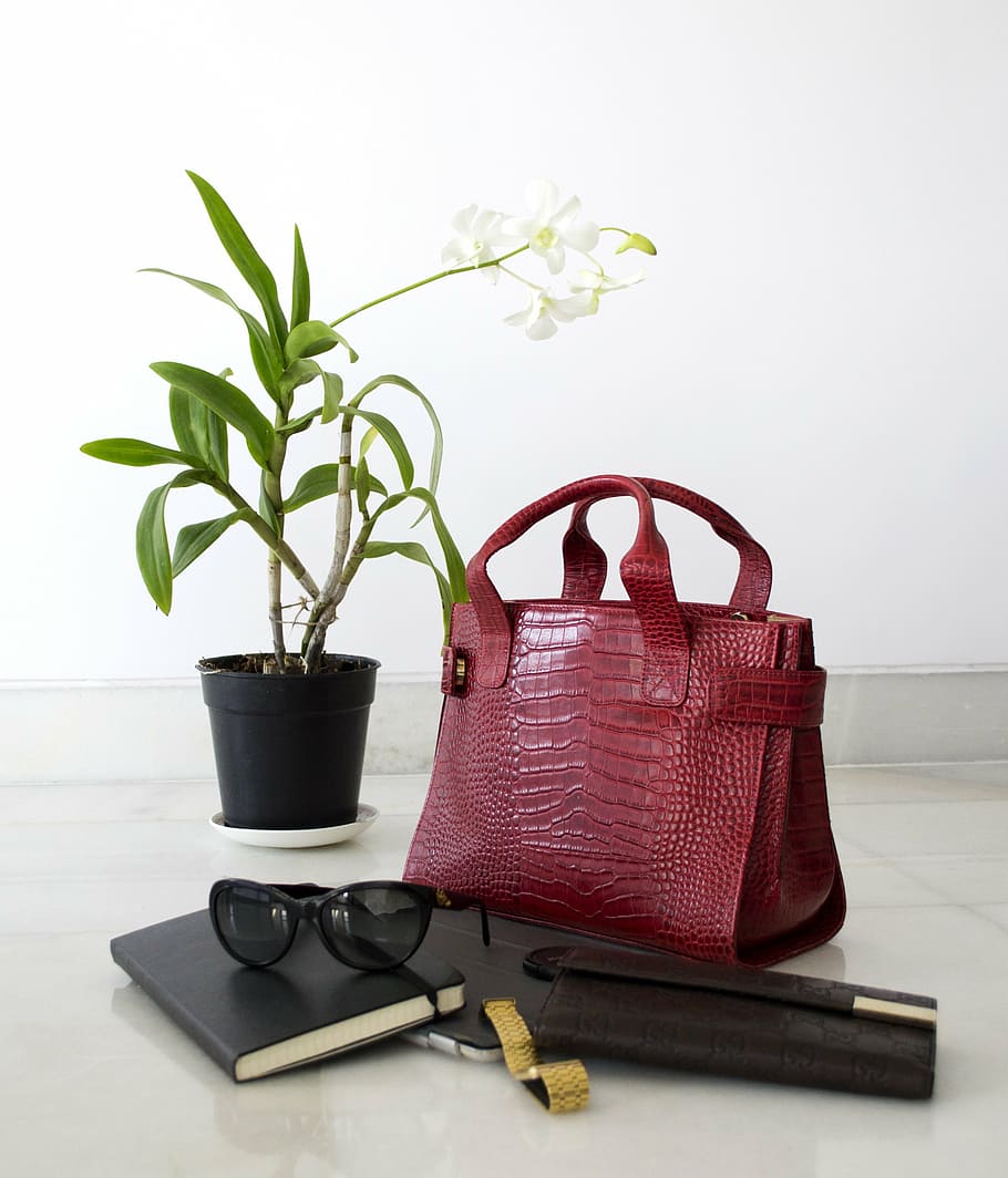 red crocodile skin leather tote bag, white moth orchid, black sunglasses, and black leather wallet, HD wallpaper