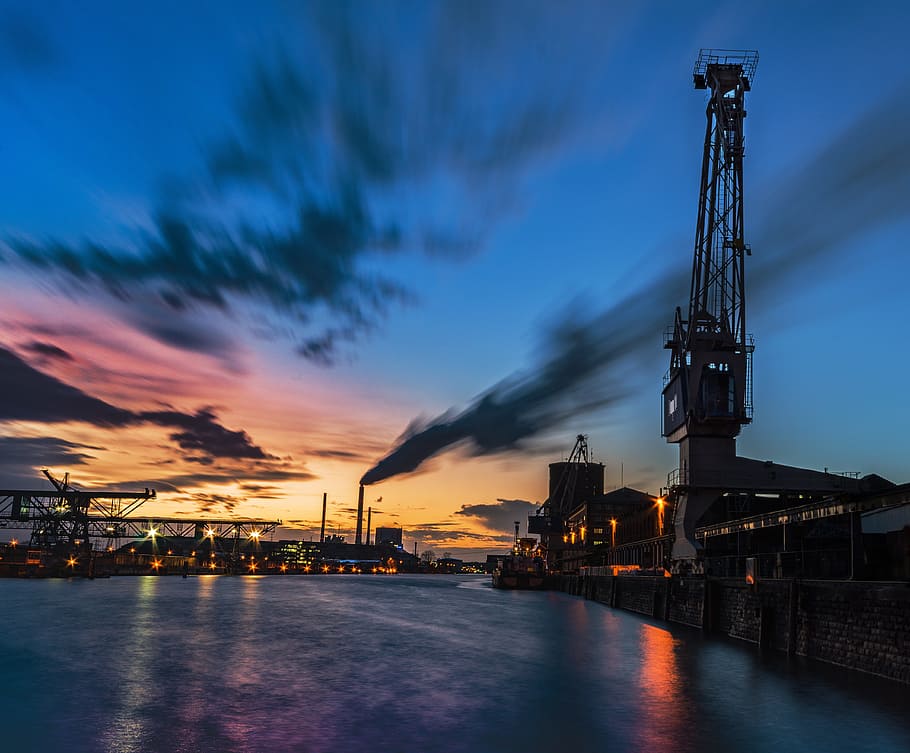 waters, sunset, sky, dusk, river, industry, architecture, city HD wallpaper