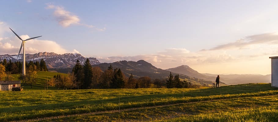 green grass field with mountain view during daytime, pinwheel, HD wallpaper