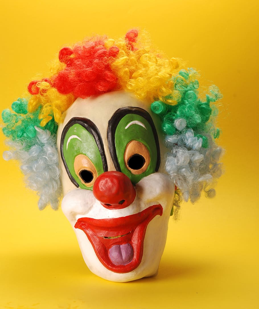 white, red, and green clown bust, mask, happy, face, makeup, colorful hair