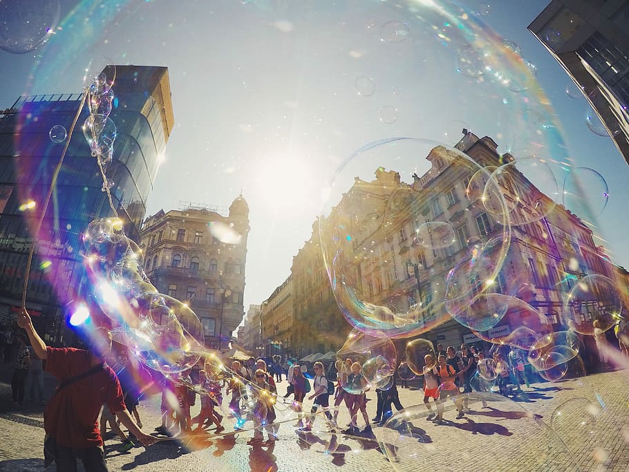 bubble taken at daytime, fish eye photography white concrete building HD wallpaper