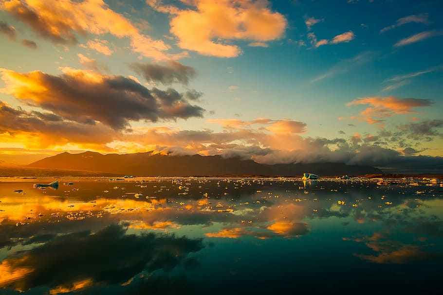 body of water during golden hour, iceland, sky, clouds, beautiful HD wallpaper