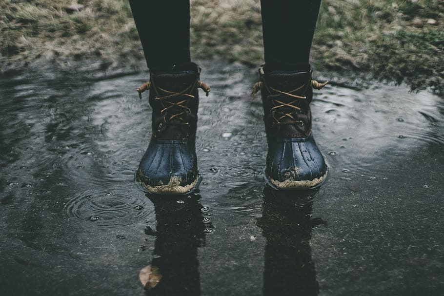 person wearing black boots standing on water, person standing on body of water HD wallpaper