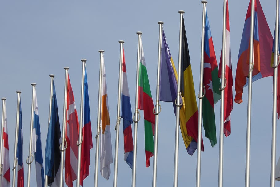 eu, european union, flags, strasbourg, monetary union, european central bank, HD wallpaper