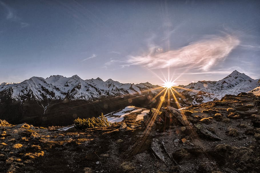 landscape photo of sunrise, snow mountains with sunlight, sunset HD wallpaper
