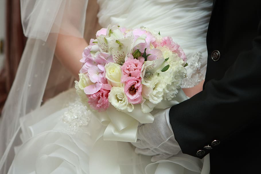 priest, groom, bouquet de fleurs, of the bride, flowers, wedding ceremony, HD wallpaper