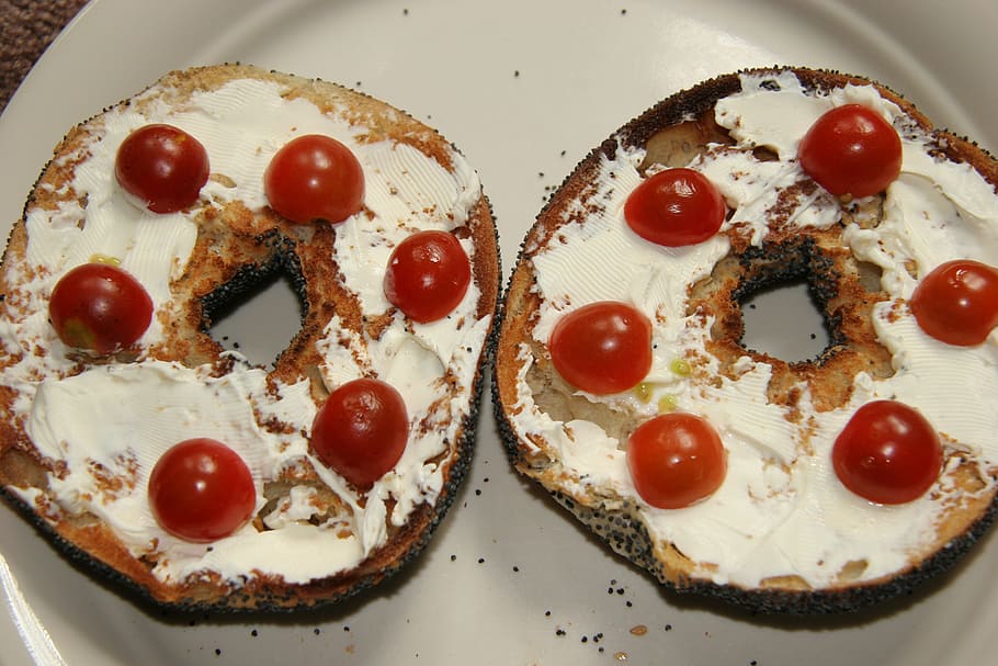 bagel, cream cheese, cherry tomatoes, food, food and drink HD wallpaper