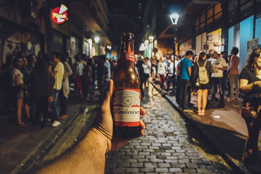 Person Holding Budweiser Bottle, adult, bar, beer, city, commerce