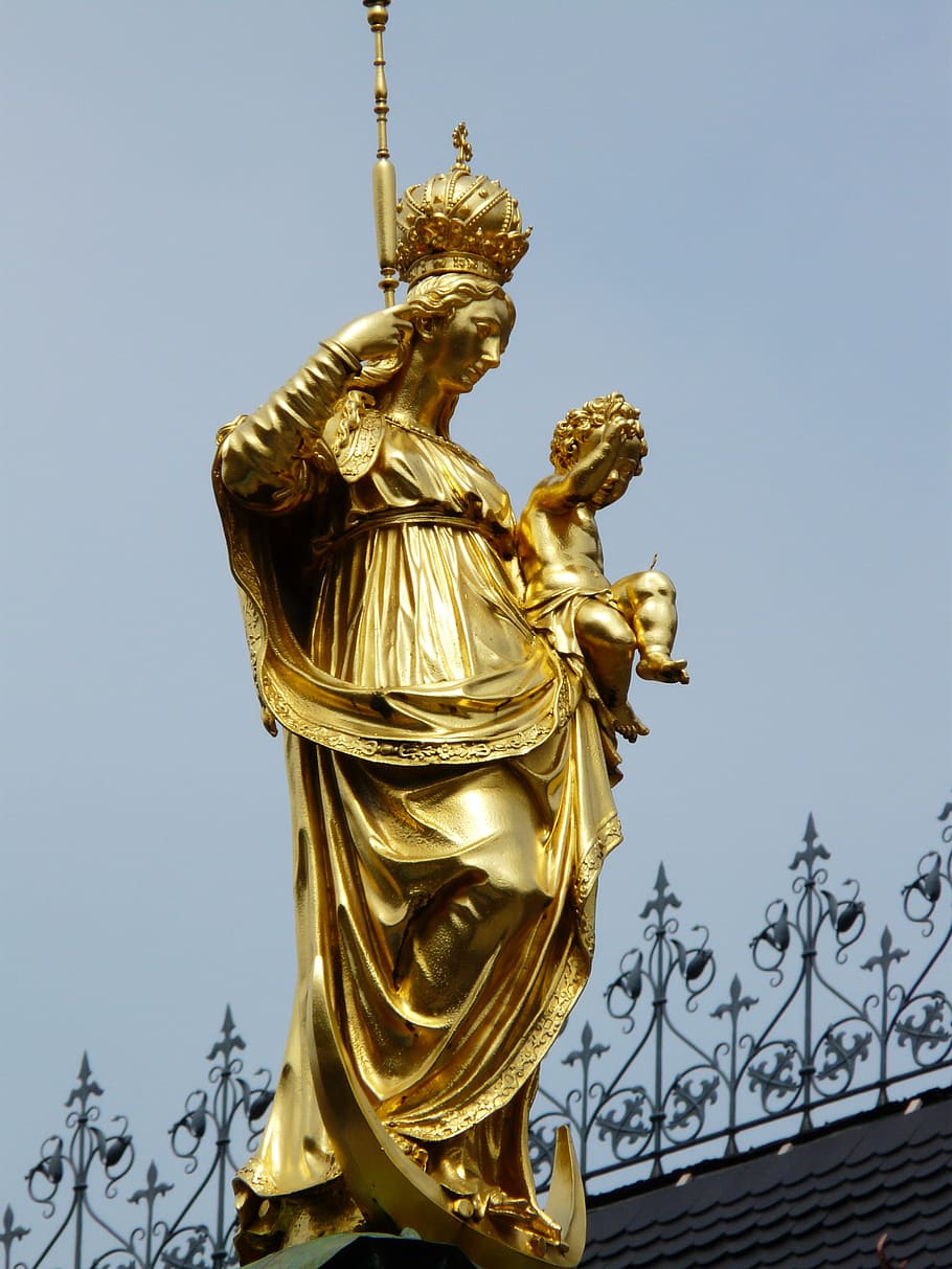 Marian Column, Column, Still, Still Image, Figure, golden, marienplatz, HD wallpaper