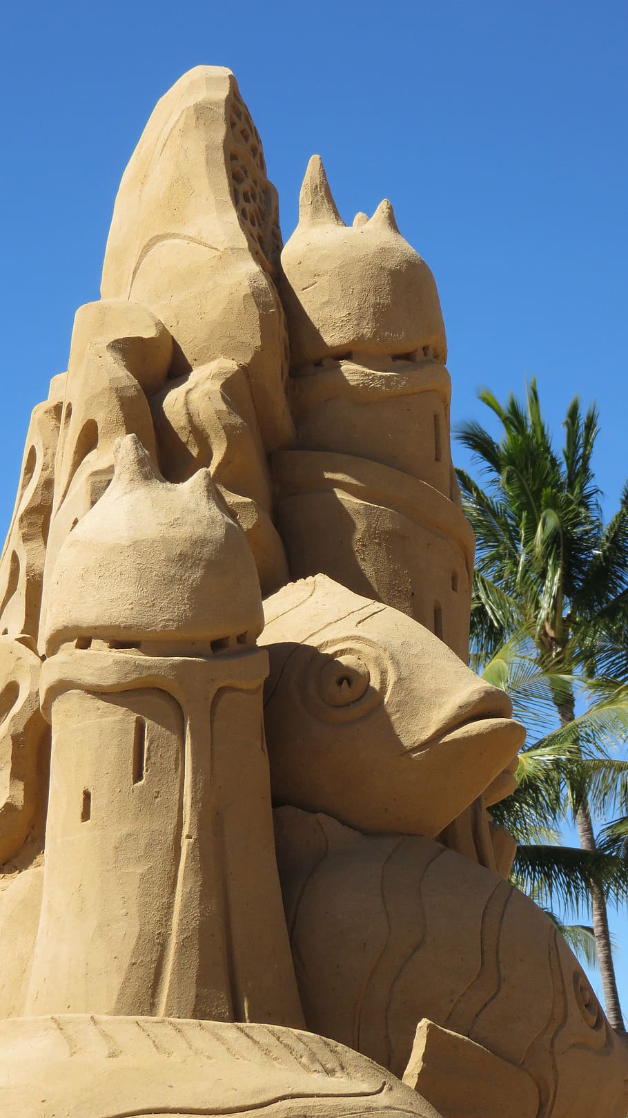sand castle sculpture, beach, blue sky, sea, sandcastle, travel, HD wallpaper