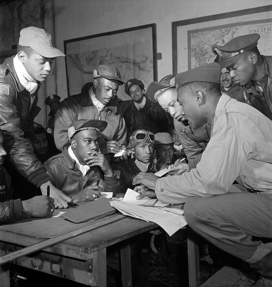 grayscale photography of group of men with papers, pilots, flying school HD wallpaper