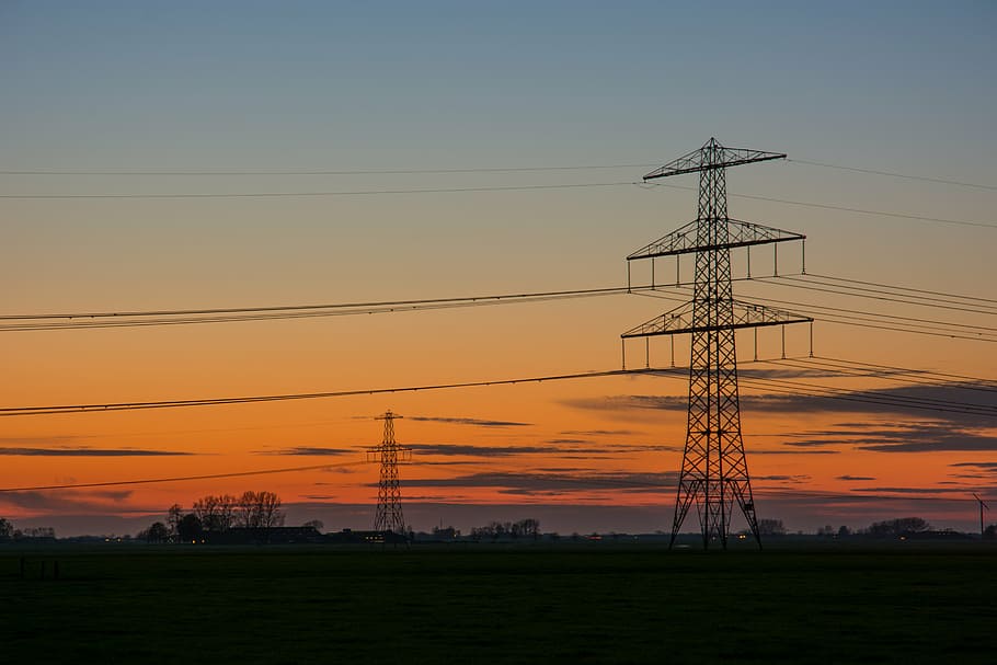 dawn, dusk, electric, electricity, energy, high-tension line, HD wallpaper