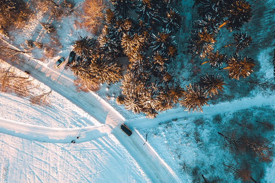 aerial view of snow covered forest and road, aerial view of black vehicle on road with snow near brown trees HD wallpaper