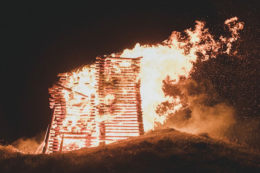 burning wood stack, burned shed during night time, austria, alp HD wallpaper