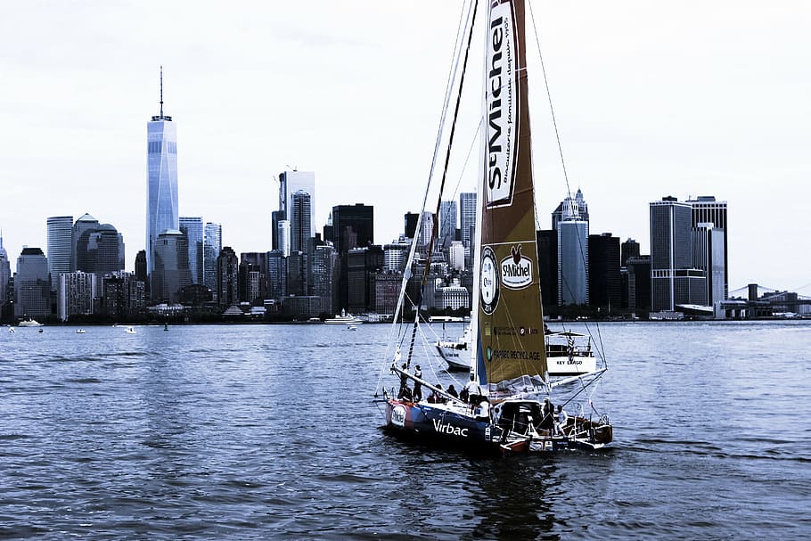 sailboat in body of water near city, people, riding, heading HD wallpaper