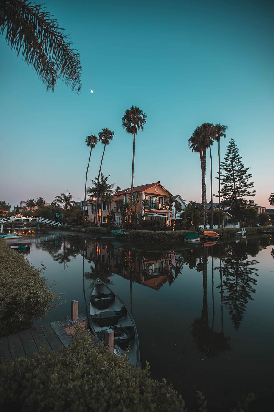 in distant brown 2-storey house surrounded by palm trees near body of water, white and brown boat on body of water during nighttime HD wallpaper