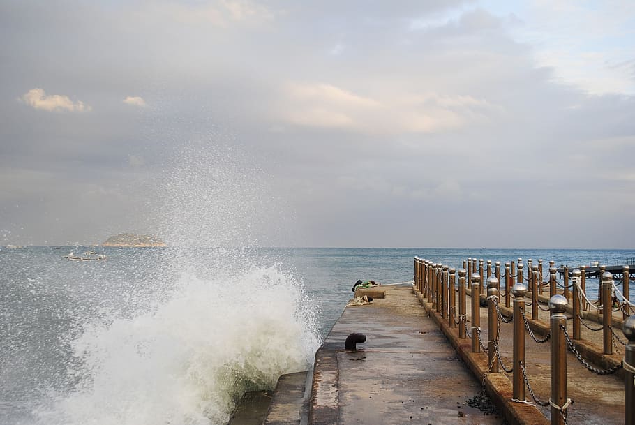 sea, waves, sky, overcast, geoje, dock, scenery, nature, bathing beach HD wallpaper