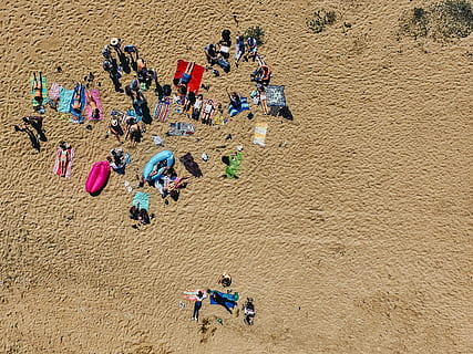 group of people sunbathing, aerial photography of people on shore at daytime HD wallpaper