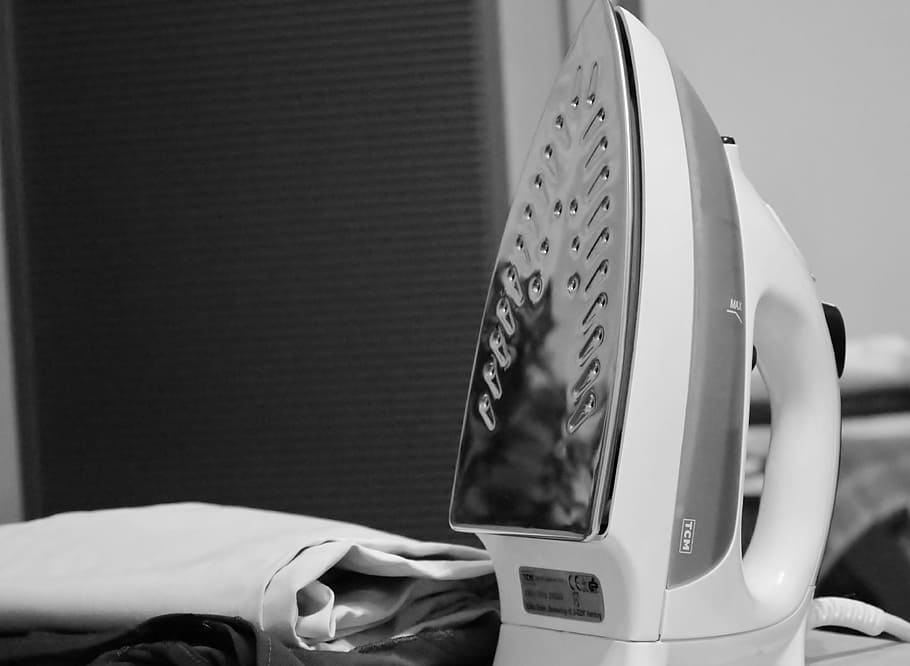 grayscale photography of clothes iron and textile, flatten, fashion