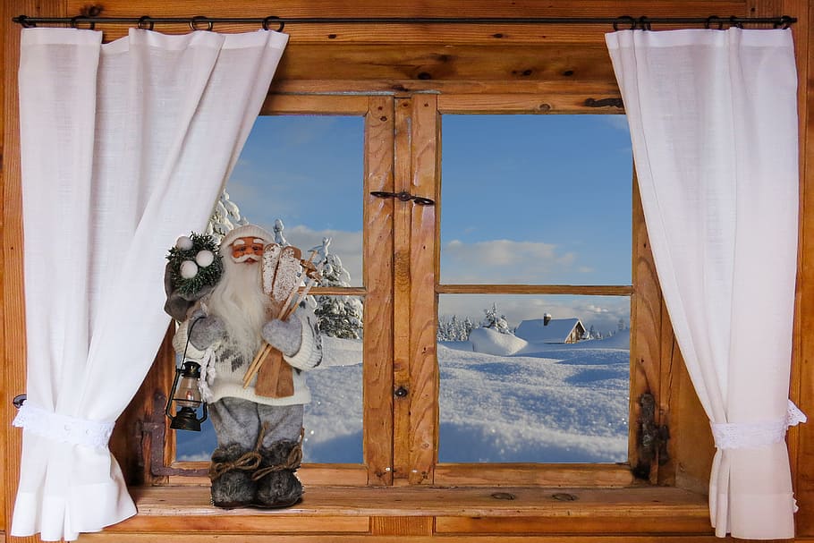 winter, wintry, snowy, window, wooden windows, outlook, curtain HD wallpaper