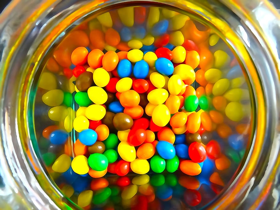 jar of coated chocolates, candy, food, gluttony, sugar, confectionery HD wallpaper