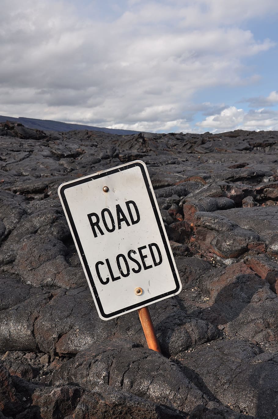 white and black road closed signage on rock fragments, lava, north america, HD wallpaper