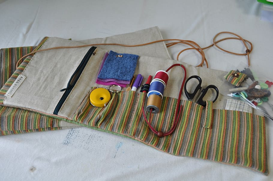 sewing kit, half-built li, scissors, indoors, still life, no people HD wallpaper