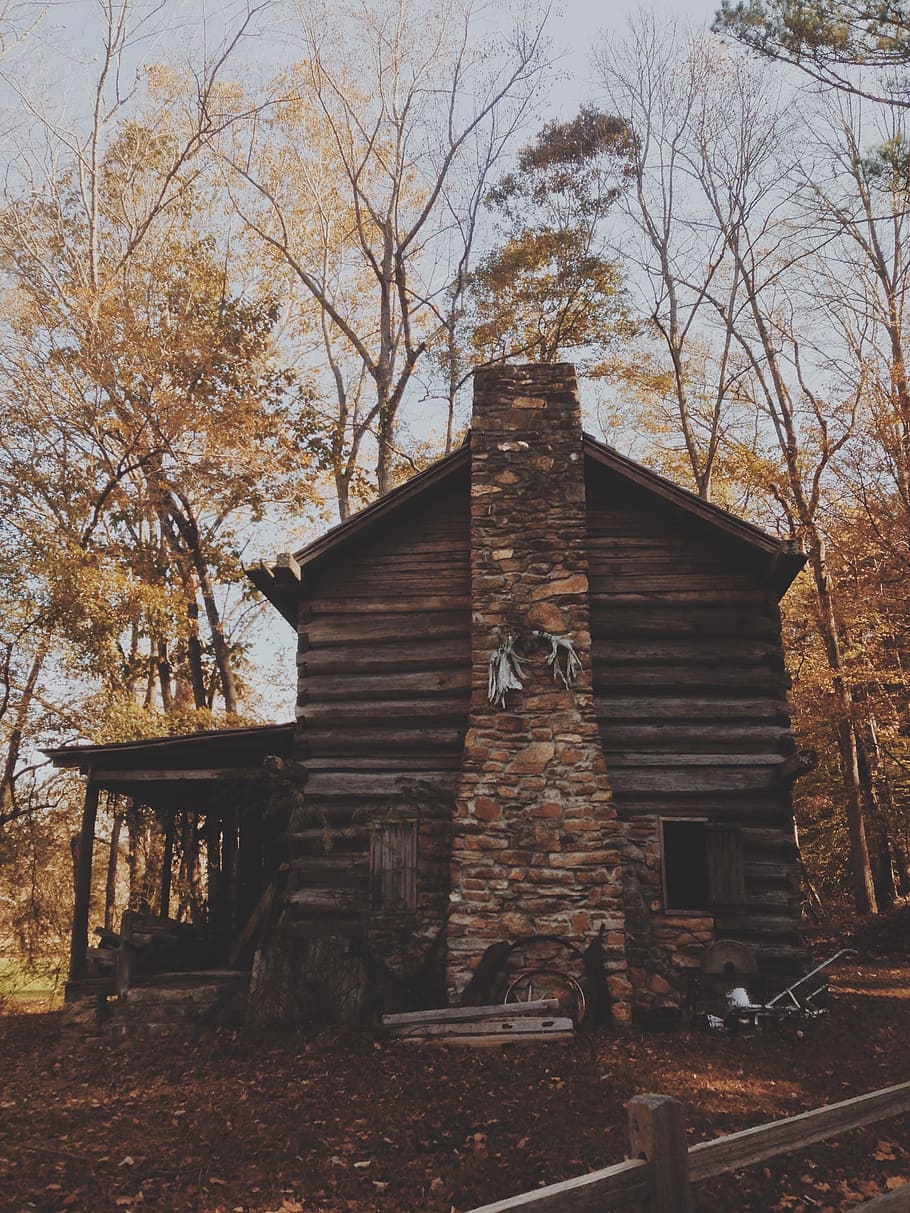 brown wooden house with chimney, cabin, rustic, log cabin, rural HD wallpaper