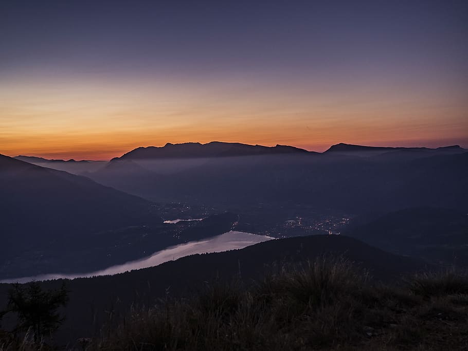 silhouette photo of mountain, aerial photography of river and mountains HD wallpaper