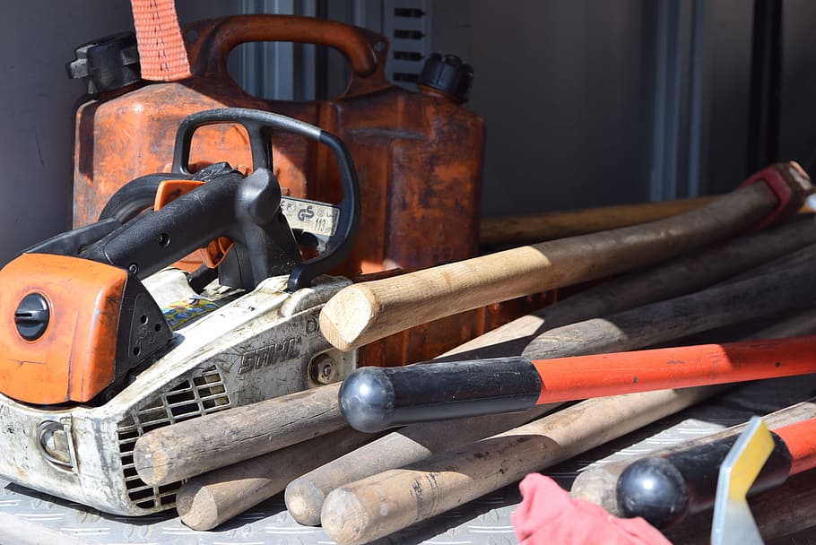 chainsaw, ax, emergency, firemen, equipment, no people, still life HD wallpaper