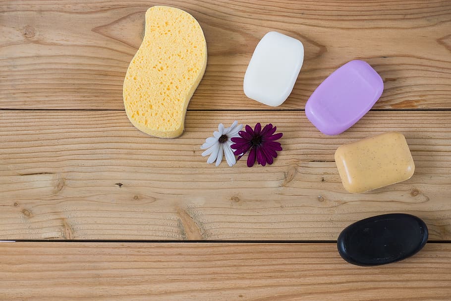 soap, sponge, hygiene, spa, wooden background, lay flat, wood - material HD wallpaper