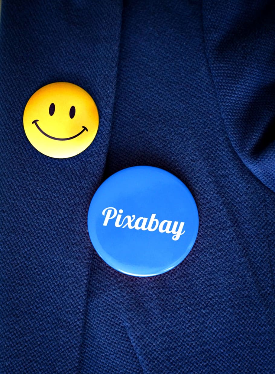 yellow and blue pins on blue textile, Button, Badges, Font, Smiley, HD wallpaper