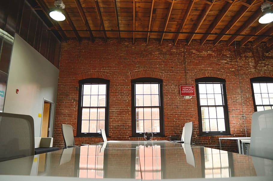 white dining table inside room, buffet, brick, wall, building HD wallpaper