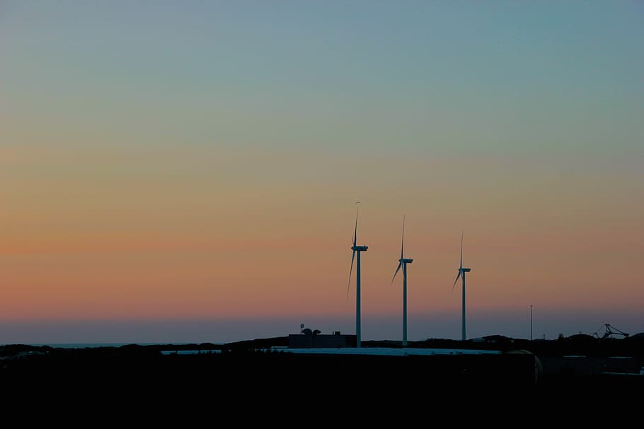 silhouette of wind turbines, white windmills, industrial, sunset HD wallpaper