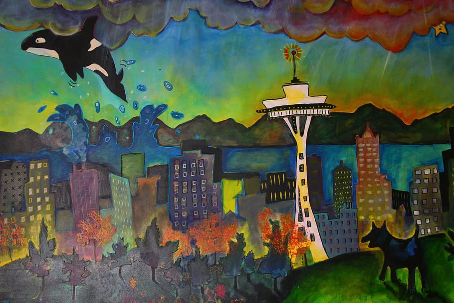 seattle, space needle, mural, architecture, multi colored, built structure HD wallpaper