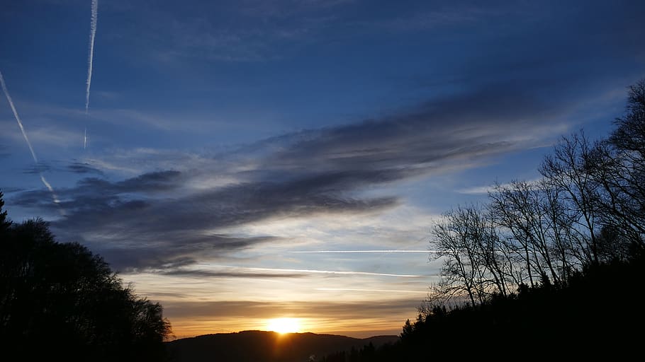 nature, landscape, sun, sky, clouds, cloud - sky, tree, sunset HD wallpaper