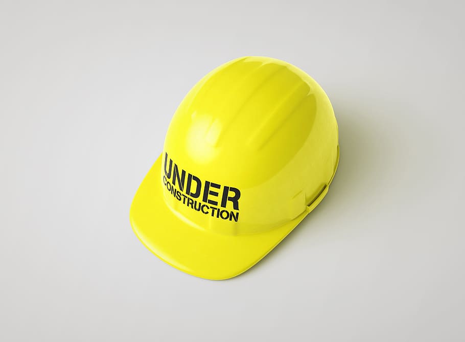yellow hard hat, construction, sign, under, 3d, background, banner, HD wallpaper