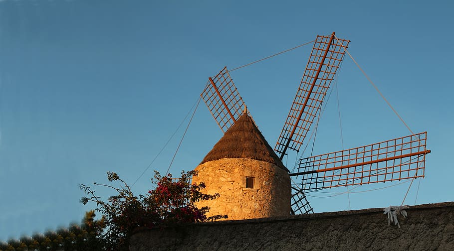 windmill, mallorca, wind energy, historically, old mill, mediterranean HD wallpaper