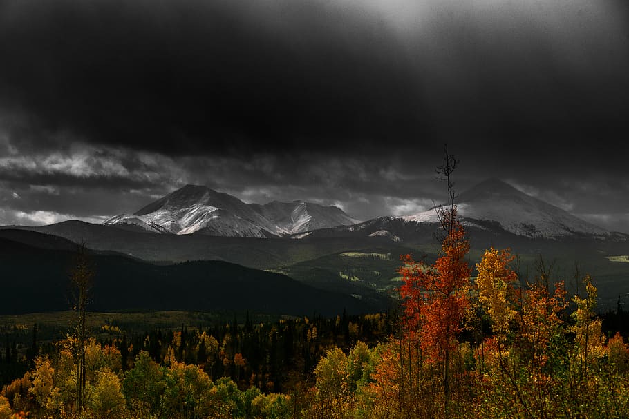 orange leaf trees under dark sky, photography of mountain, mountains HD wallpaper