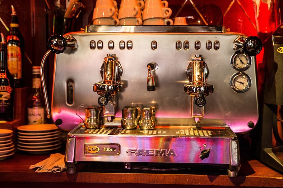 An expresso coffee machine sits in a bar cafe in Central Paris, France. Image captured with a Canon 6D, HD wallpaper