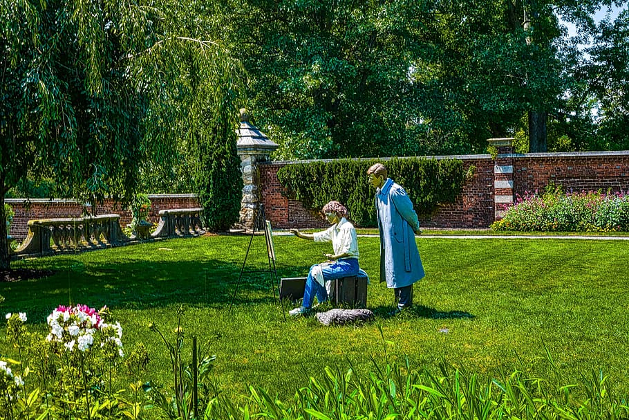 statues, garden, grass, trees, summer, plant, growth, green color HD wallpaper