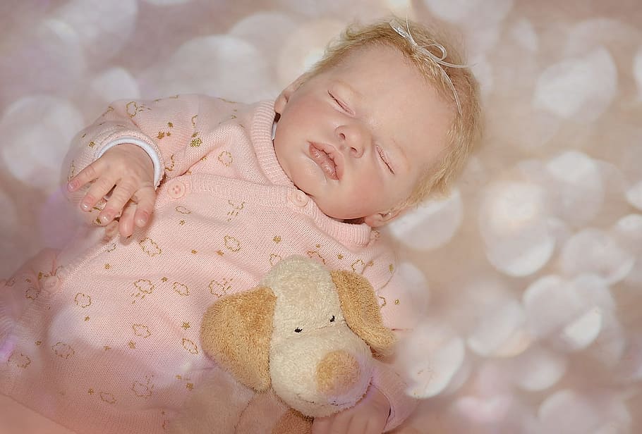 baby sleeping wearing pink sleeper, doll, baby doll, artist doll
